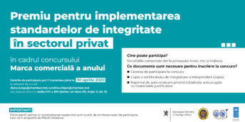 În premieră, în cadrul concursului „Marca Comercială a Anului” organizat de către Camera de Comerț și Industrie a RM, va fi acordat un premiu pentru integritate în afaceri